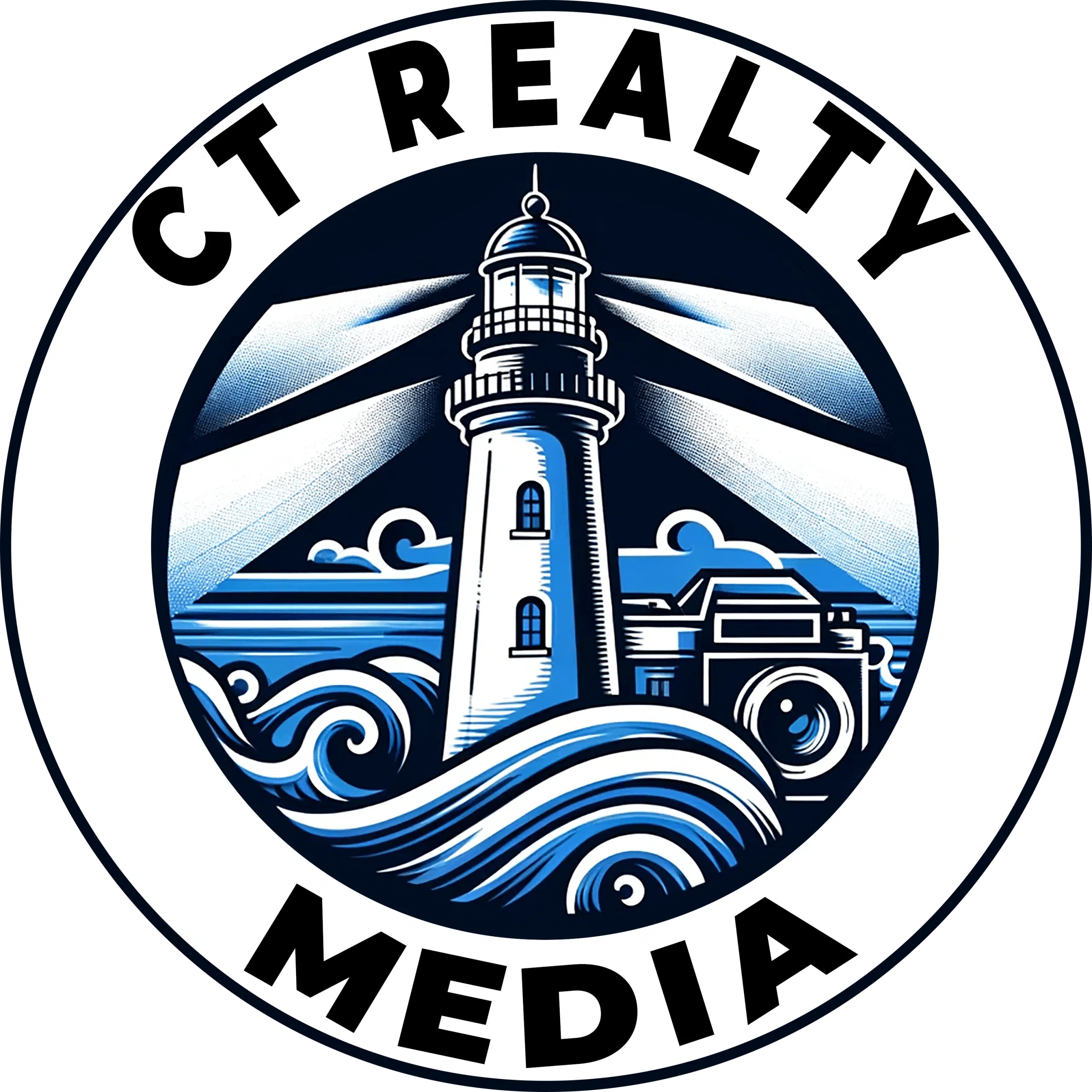 A circular logo with a lighthouse shining beams of light over waves and a camera, with the text CT REALTY MEDIA around the border. The design uses blue, white, and black tones.
