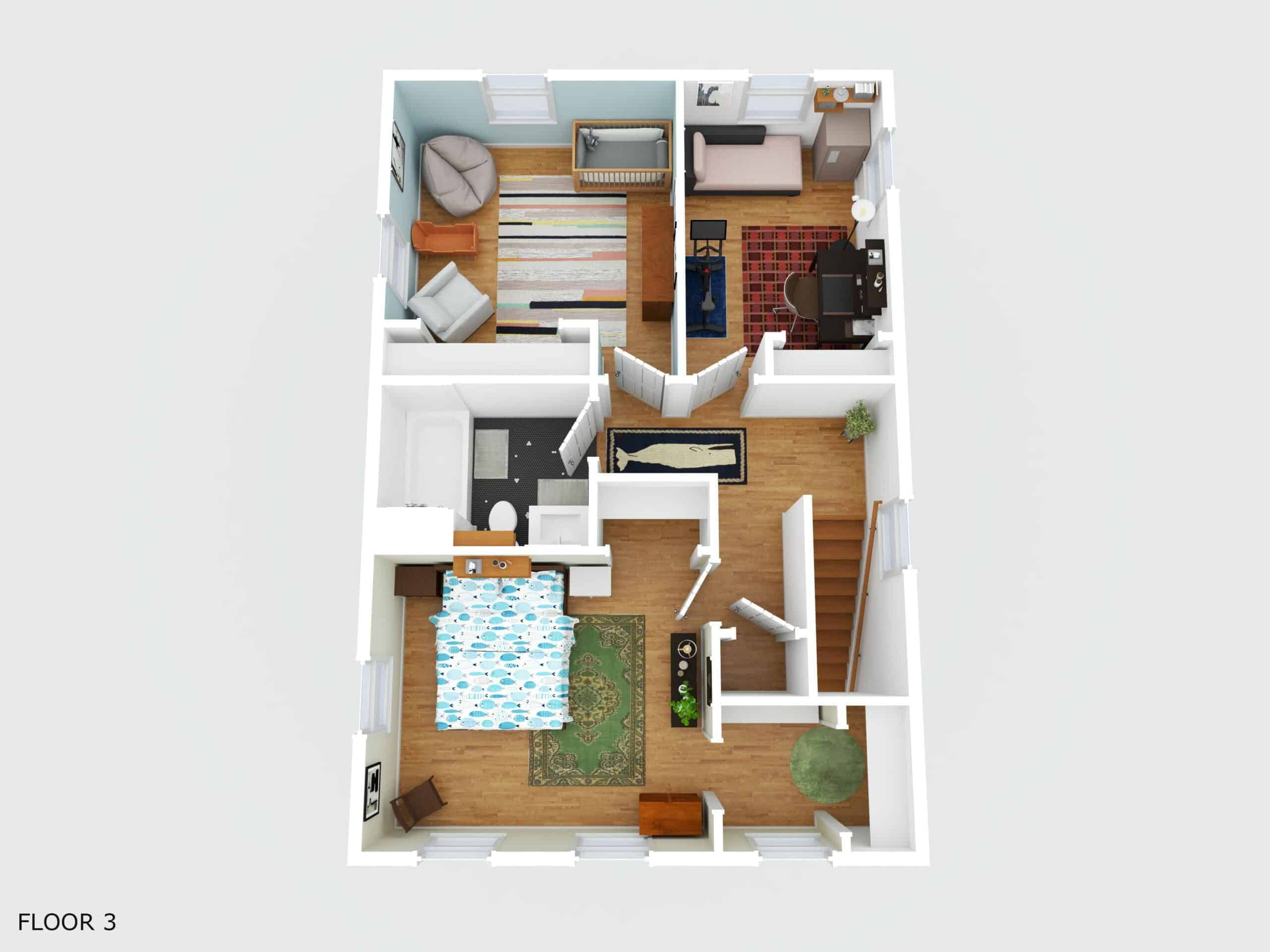 A 3D floor plan of the third floor, featuring a bedroom with a patterned bedspread, a bathroom, a nursery with a crib and round chair, and a home office with a desk and chair. Wooden flooring and various rugs are included. A staircase leads downstairs.
