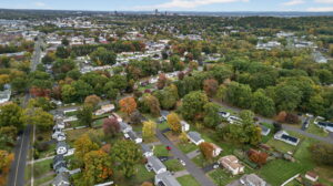 Aerial view of a suburban neighborhood with many trees and houses, roads winding through the area, and a city skyline visible in the distance under a cloudy sky.